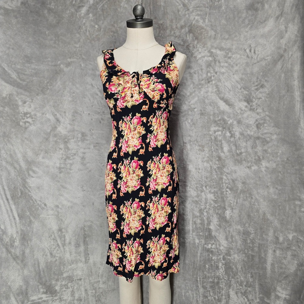 Cinnamon Girl Dress XS‎ Black Floral Ruffle Rayon Boho Cottagecore Dark Romantic